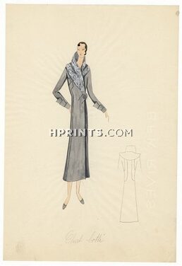 Agnès-Drecoll 1932 "Chat botté", collection "Entre Saison", Original Fashion Drawing