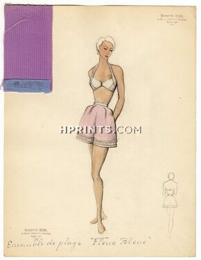 Georgette Renal 1950s, Original Fashion Drawing, Ensemble de Plage "Fleur Bleue"