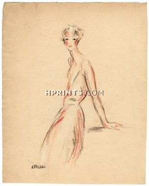 A. Fried 1940s, Original Drawing, Charcoal and pastel, Elegant Parisienne