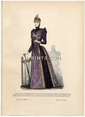 L'Art et la Mode 1890 N°04 G. de Billy, colored fashion lithograph, Visit Dress in Fur