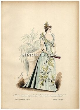 L'Art et la Mode 1890 N°44 Marie de Solar, colored fashion lithograph, Ball Gown
