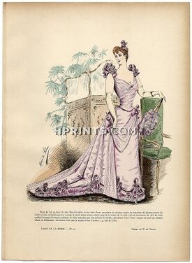 L'Art et la Mode 1890 N°45 Marie de Solar, colored fashion lithograph, Ball gown