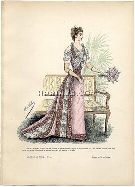 L'Art et la Mode 1891 N°10 Marie de Solar, colored fashion lithograph, Dinner Dress, Jésurum