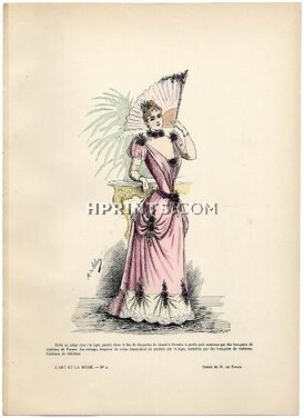 L'Art et la Mode 1891 N°02 Marie de Solar, colored fashion lithograph, Hand Fan, Parma violets