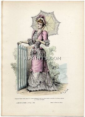 L'Art et la Mode 1891 N°29 Marie de Solar, colored fashion lithograph, Casino dress, Lady Parasol