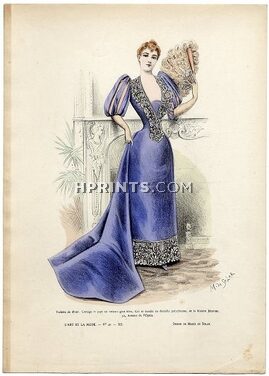 L'Art et la Mode 1891 N°40 Marie de Solar, colored fashion lithograph, Dinner Dress, Fan