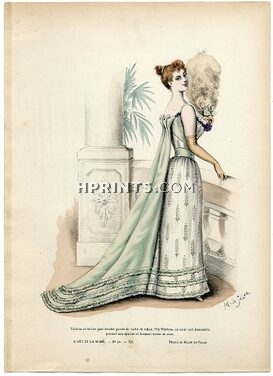 L'Art et la Mode 1891 N°52 Marie de Solar, hand colored fashion plate, Ball Gown, Fan