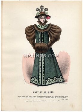 L'Art et la Mode 1894 N°50 Marie de Solar, colored fashion lithograph, Muff, Byzantine style