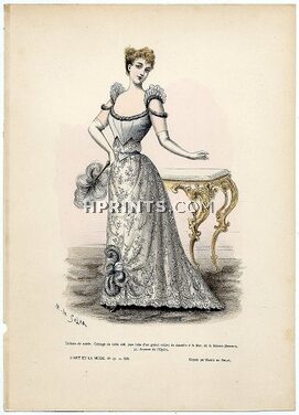 L'Art et la Mode 1891 N°47 Complete magazine with colored fashion engraving by Marie de Solar, Evening Dress, 16 pages