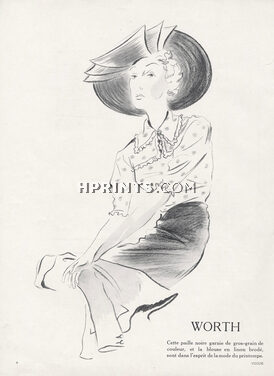 Worth 1937 Hat & Blouse, Fashion Illustration