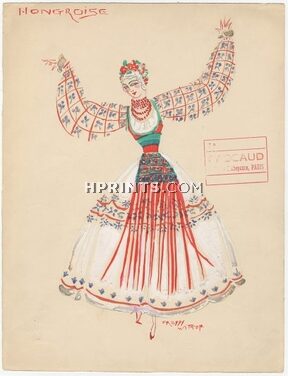 Freddy Wittop 1930s, "Hongroise", Original Costume Design, Gouache, Hungarian Dancer, Folies Bergère, Wardrobe Master Pascaud