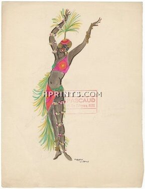 Freddy Wittop 1930s, Original Costume Design, Gouache, Black Dancer, (Josephine Baker ?), Folies Bergère