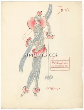 Freddy Wittop 1930s, "Le Ski", Original Costume Design, Gouache, Folies Bergère, Wardrobe Master Pascaud