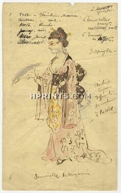 Le Nouvel Aladin 1871 Original Costume Design, Gouache, "Demoiselle", Japanese, Traditional Costume