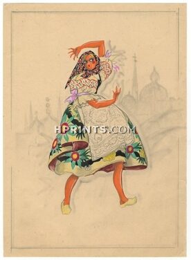 Charles Chieusse 1930s, Original Costume Design, Gouache, Russian, Traditional Costume, Dancer