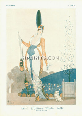 Armand Vallée 1913 Fashion Illustration, Elegant Parisienne, Yorkshire Dog