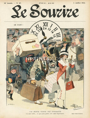 Albert Guillaume 1912 Train Station, Elegant Parisienne, French Bulldog