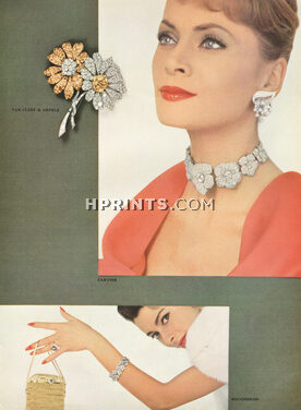 Jewels (3 illustrated pages) 1957 Cartier, Van Cleef, Lacloche, Boucheron, Mauboussin, Sterle, Parmentier, Mellerio, Chaumet, 3 pages