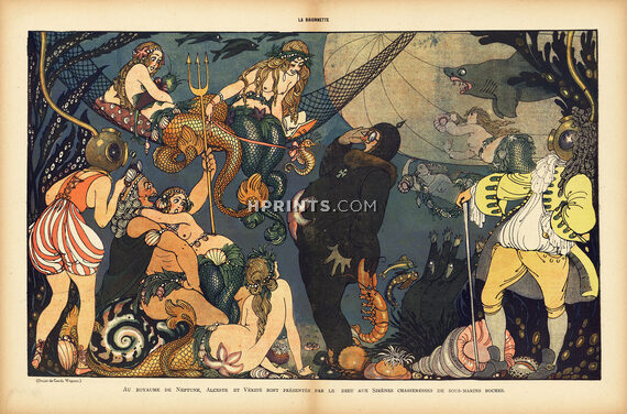 Gerda Wegener 1918 Neptune's Kingdom, Mermaid, Sirènes, Underwater Diving