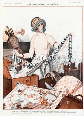 Armand Vallée 1921 "Les Emotions du Départ" Luggage, Hatbox, Sexy Girl Topless