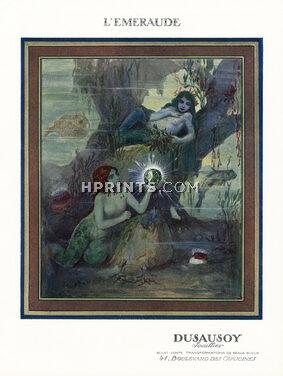Dusausoy 1924 "L'Emeraude" "The Emerald" Topless Mermaid, Signed Serge