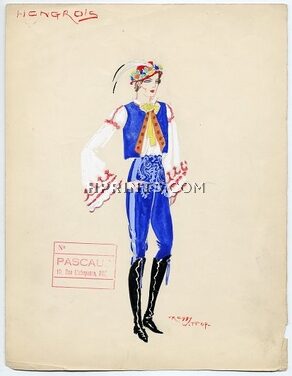 Freddy Wittop 1930s, Original Costume Design, Hungarian, Gouache, Folies Bergère, Traditional Costume