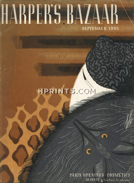Erté 1935 "Furs Cover" toque black astrakhan, by Suzy, Fox Animals, Art Deco Style