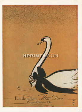Christian Dior (Perfumes) 1949 Eau de Toilette Miss Dior, René Gruau (Swan, white frame)
