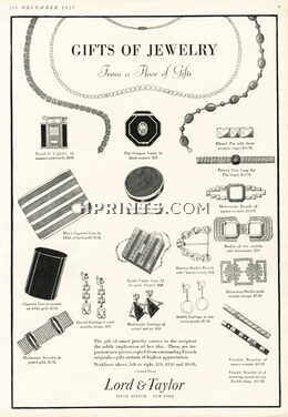Lord And Taylor 1927 "Gifts", Pin & Buckle (Chanel) Lighter (Alfred Dunhill) Cigarette Case, Vanity Case, Earrings, Bracelet