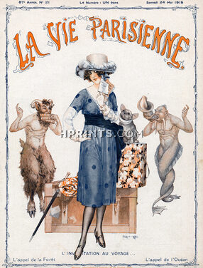 Hérouard 1919 "L"invitation au voyage" Elegant Parisienne, Faun, Triton, Mythology, French Bulldog