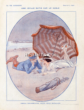 Louis Vallet 1916 "Une Idylle batie sur le sable" Golfeuse, Soldier, Lovers, Beach