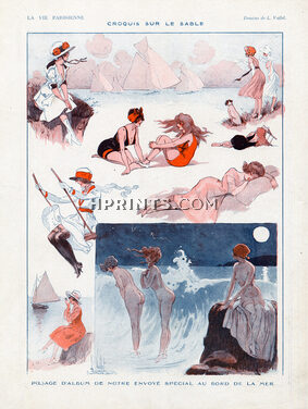 Louis Vallet 1920 ''Croquis sur le Sable'' Quiberville Moonlight swimmers