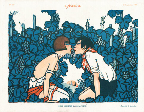 Deux Moineaux dans la Vigne, 1929 - Jaquelux Lovers, Kiss, Grapes Harvest