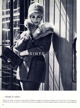 Carven 1959 Tailleur lainage Raimon, Col en blaireau, Sac et gants Hermès