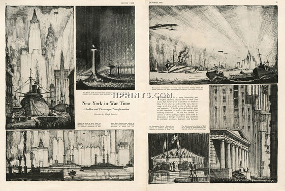 New York in War Time 1918 Hugh Ferriss, The Plaza, New York Harbor, Columbus Circle, The Sub-treasury building in Wall St