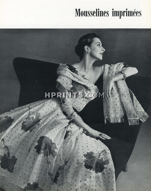 Nina Ricci 1953 Echarpe drapée, mousseline imprimée, Ducharne, Photo Pottier