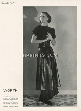 Worth 1935 Taffetas double face, Longue tunique en forme, Rouge sur fond noir