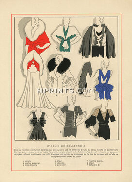 Worth, Lanvin, Jenny, Ardanse, Patou, Philippe & Gaston, Bernard & Cie, Poiret, Schiaparelli... 1932 Pochoir "Croquis de collections"