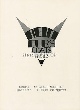 Jacques Heim 1930 Furs, Coats, Dresses, Label, 48 rue Laffitte, Paris