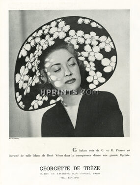 Georgette de Trèze (Millinery) 1949 Capeline noire incrustée de tulle blanc, René Véron