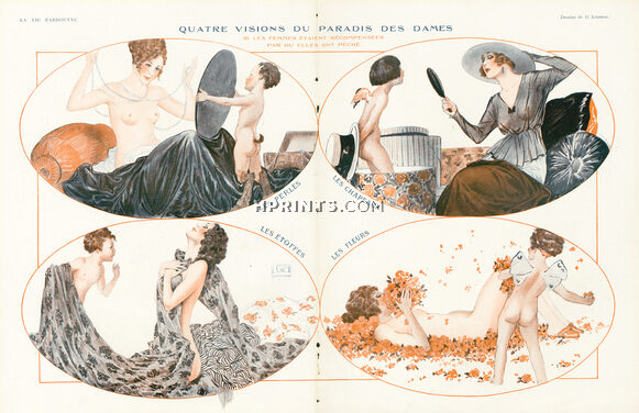 Georges Léonnec 1918 "Paradis des dames" Pearls, hats, fabrics, flowers, Sexy Girl, Topless
