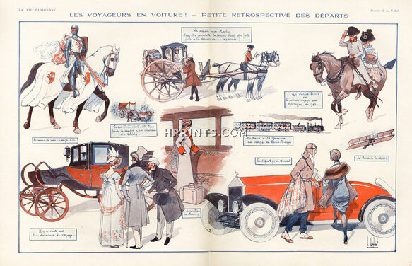 Louis Vallet 1924 Transports, "Rétrospective des départs", train, car, horse, carriage