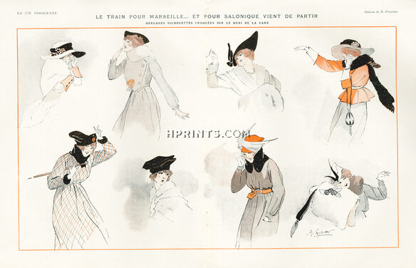 René Préjelan 1915 Silhouettes croquées sur le quai de la gare, Elegant Parisienne