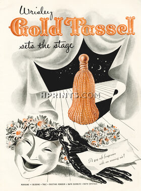 Wrisley (Perfumes) 1946 Gold Tassel, Carnival Mask