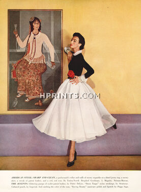 Traina Norell 1951 snowy skirt, black fitted jersey top, Photo Louise Dahl-Wolfe