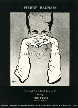 Pierre Balmain 1953 Gloves & Dress, René Gruau, Tréfousse