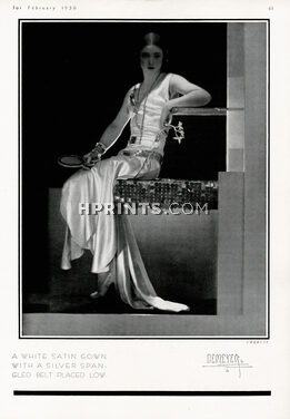 Chéruit 1930 White Satin Gown, silver spangled belt, Photo Demeyer