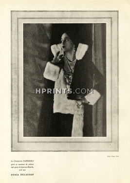 Sonia Delaunay (Couture) 1927 Stacia Napierkowska Fashion Model, Black velvet coat with white fur