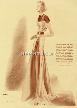 Worth 1937 Robe de satin blanc, drapée de crêpe, Léon Bénigni