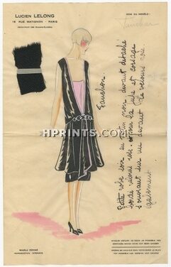 Lucien Lelong 1930s Original Fashion Drawing, "Fanchon" Dinner Dress